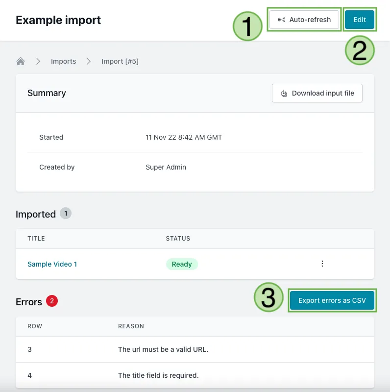 Import overview page Screenshot of the import overview page