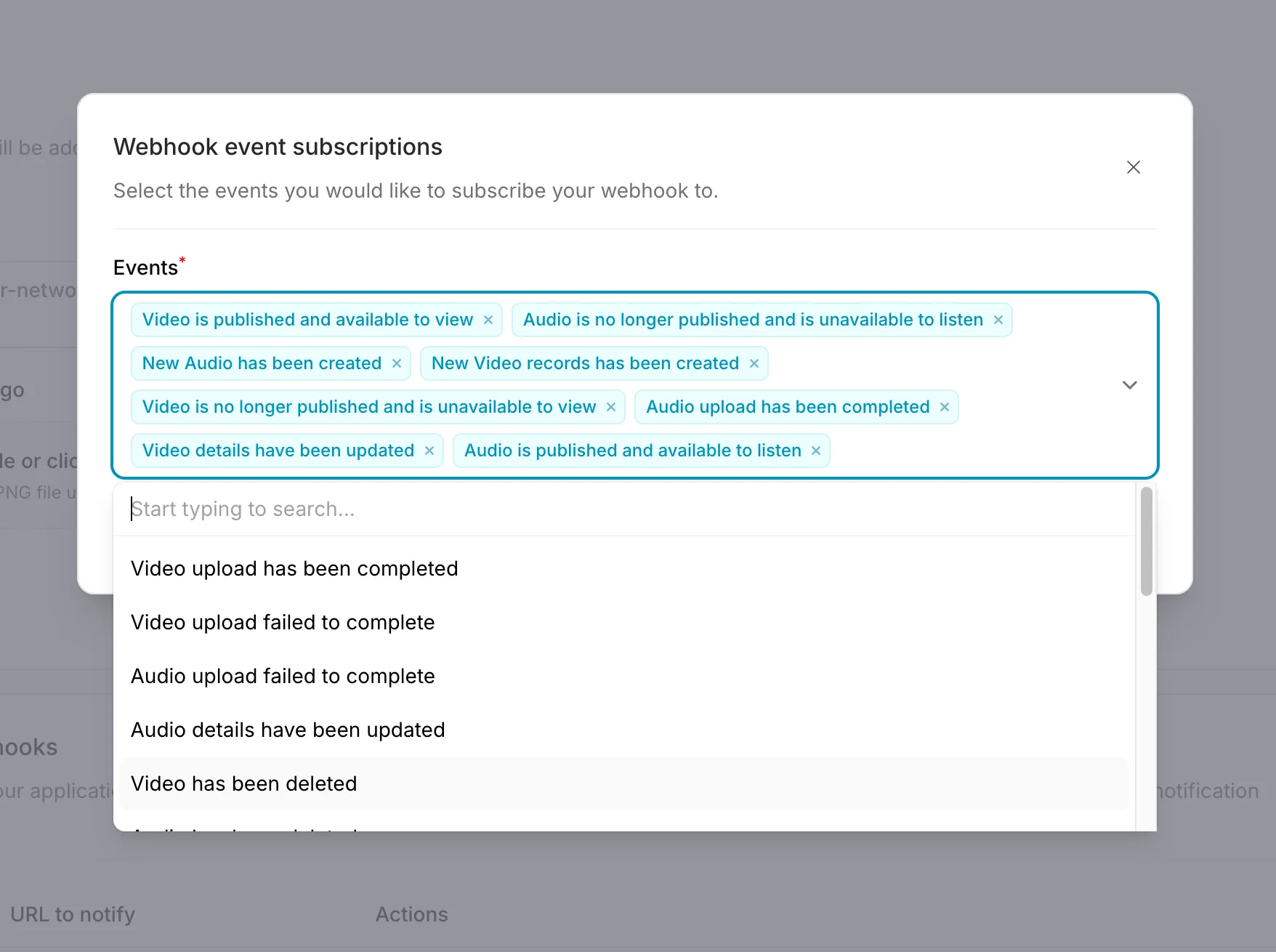 Manage webhook events modal